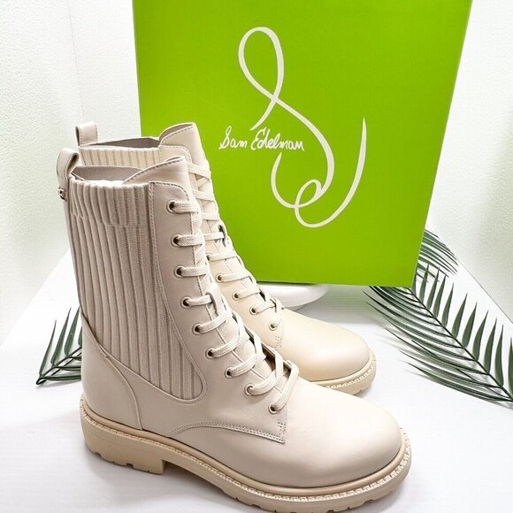 Sam Edelman Lydell Ivory Leather Combat Boots Lug Sole Size 9M NWB Chic Fall - Picture 12 of 13